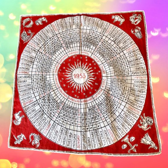 Vintage 1953 Astrology Calendar Zodiac Signs Scarf Handkerchief 11" Square - Picture 1 of 11
